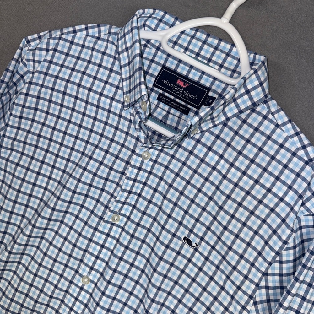 Vineyard Vines Shirt Mens Medium Blue Gingham Slim Fit Whale Button Down Nylon